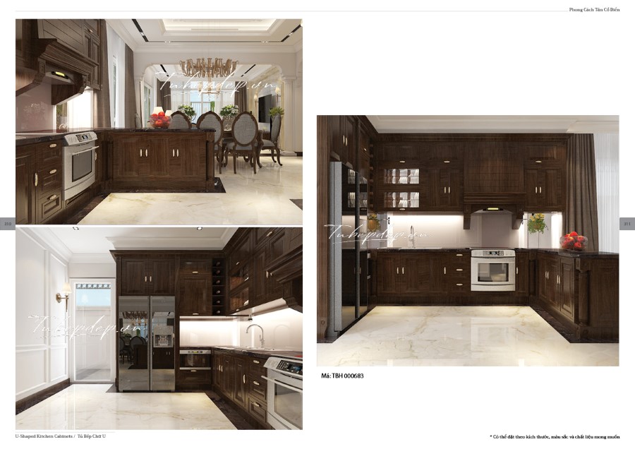 Thiết kế phòng bếp biệt thự tân cổ điển gỗ óc chó